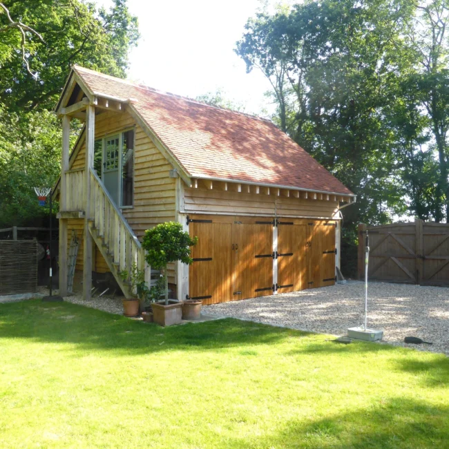 2 bay oak garages upper floored staircase porch oakcraft