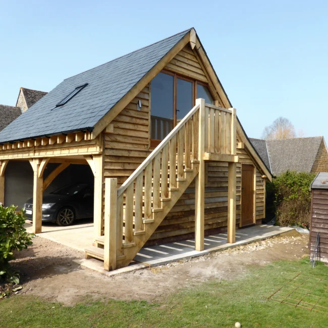 2 bay upper floored garage side staircase oak frame oakcraft