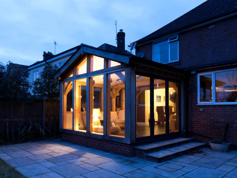 Oakcraft garden room extension bespoke oak frame night