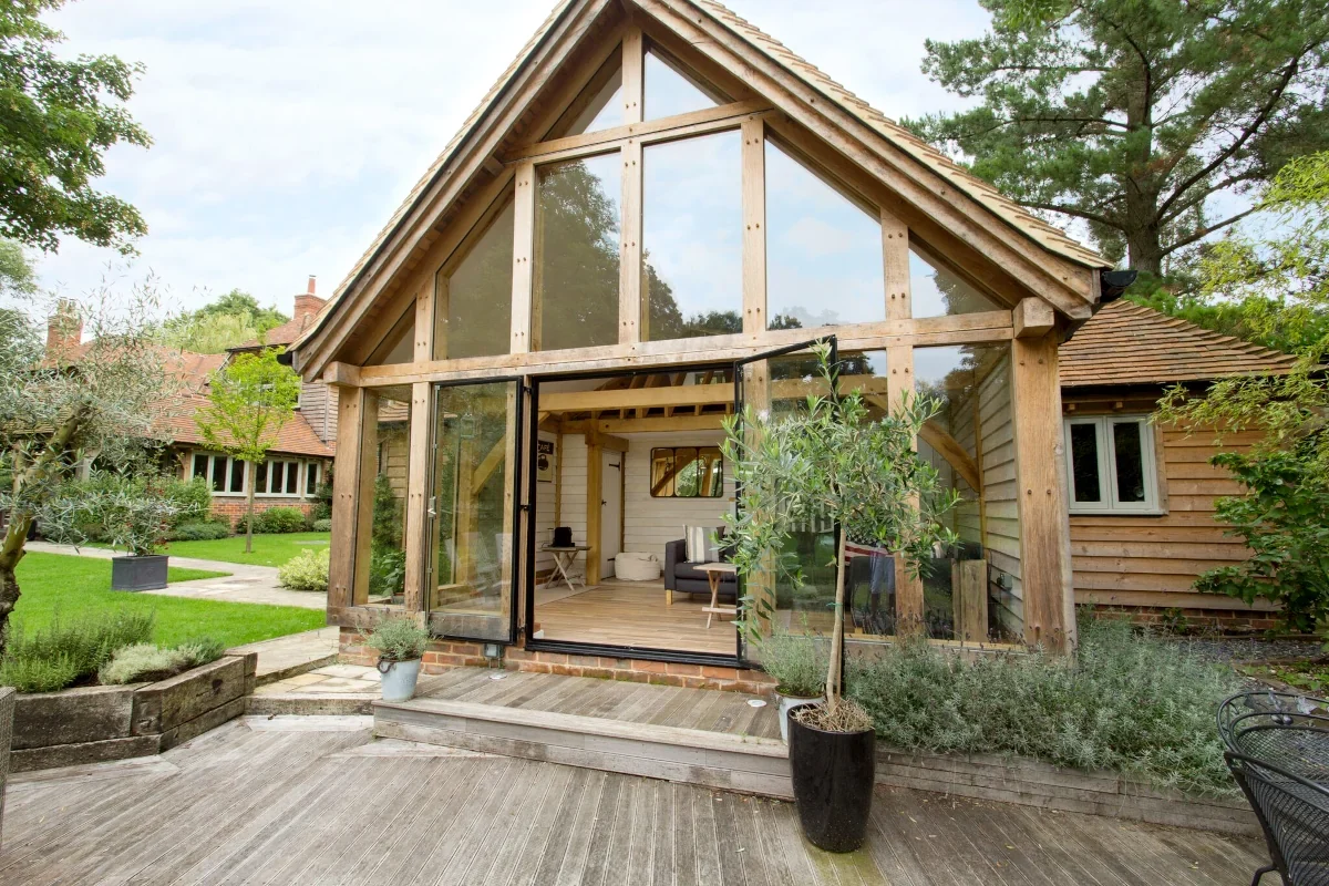 An inviting oak framed annexe in Hampshire providing extra living space in a UK garden