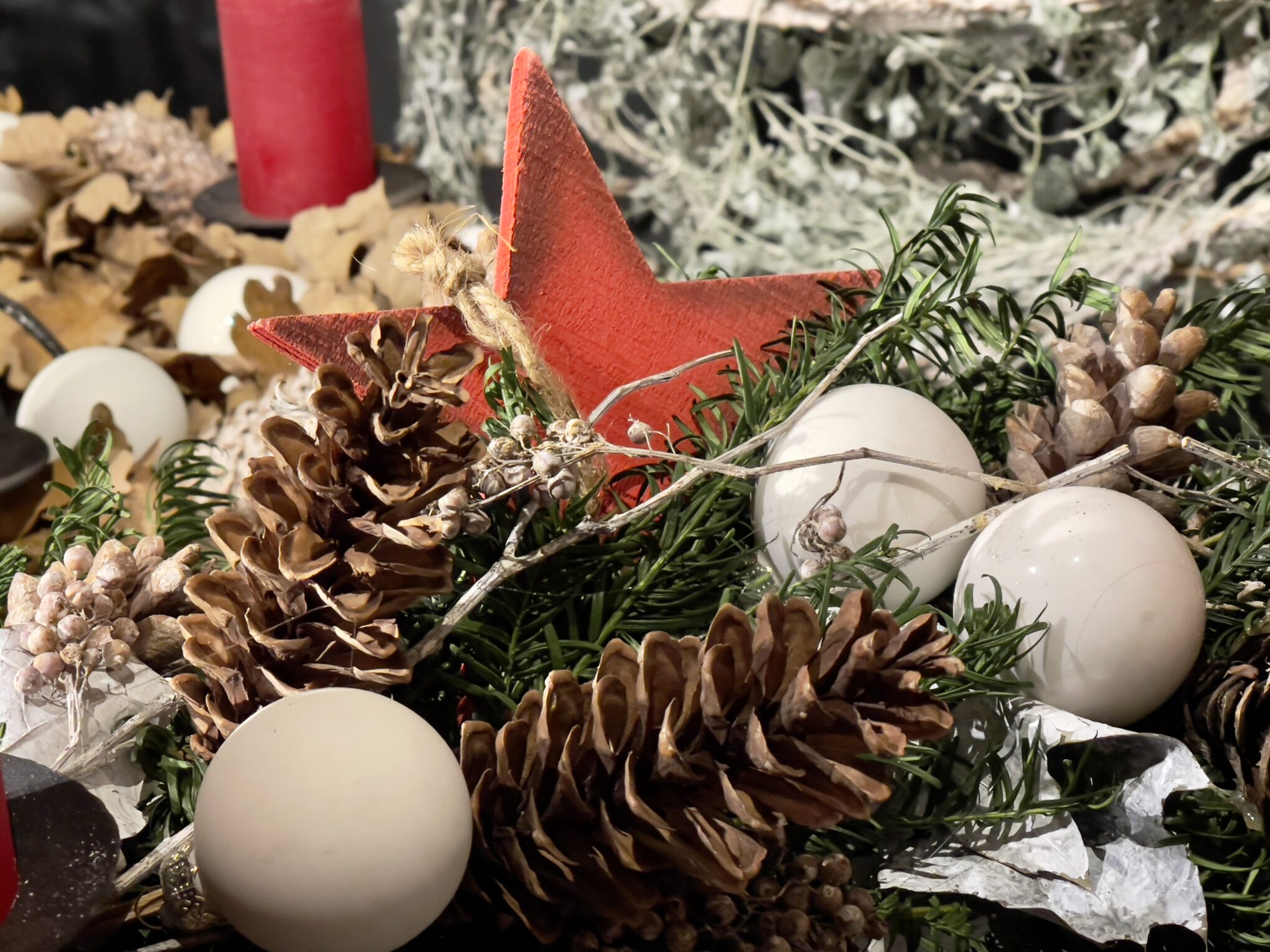 Close up christmas decorations table